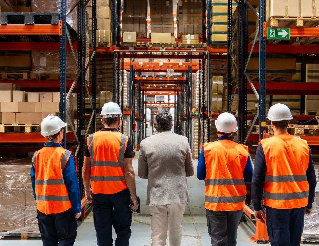 Team of workers walking through warehouse
